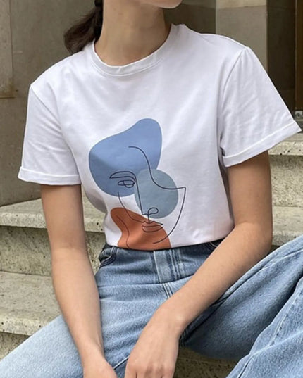 Abstract Face Graphic Casual Round Neck T-Shirt