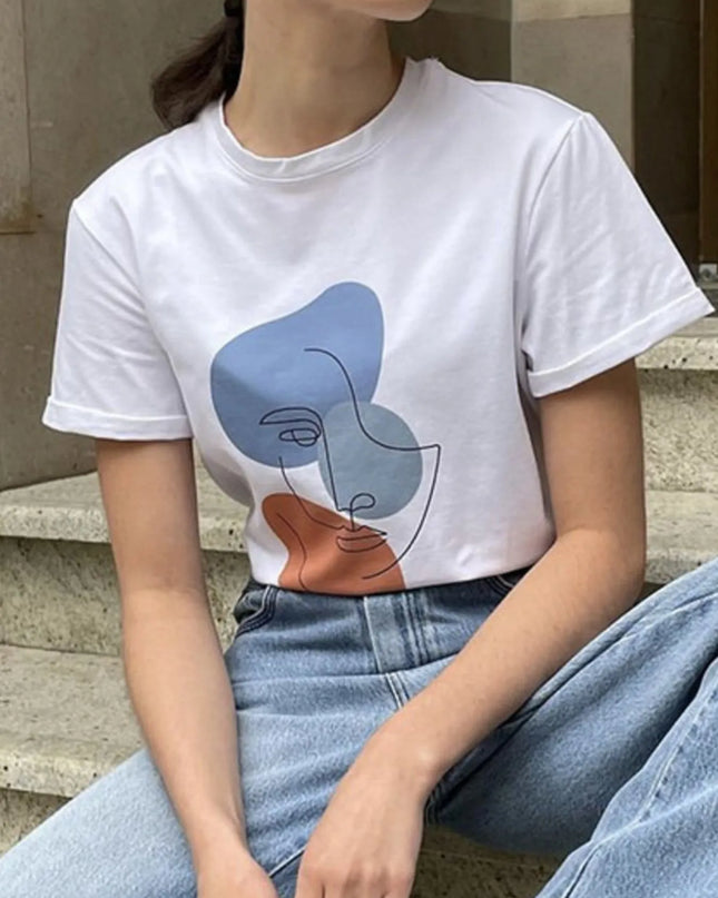 Abstract Face Graphic Casual Round Neck T-Shirt