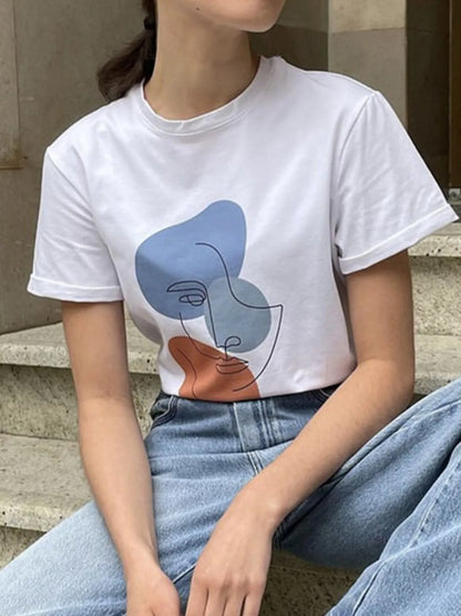 Abstract Face Graphic Casual Round Neck T-Shirt