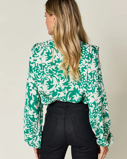 Double Take Full Size Printed Ruffle Trim Balloon Sleeve Shirt