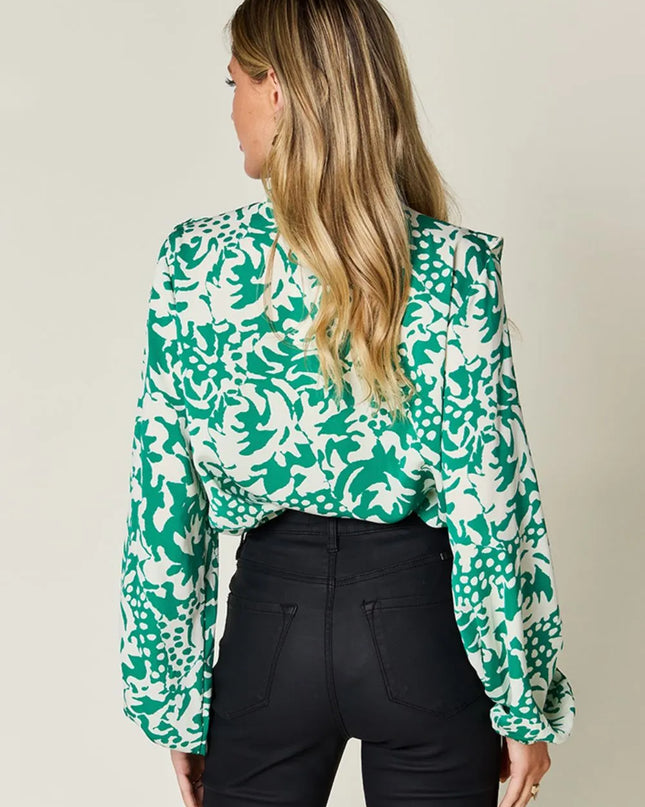 Double Take Full Size Printed Ruffle Trim Balloon Sleeve Shirt