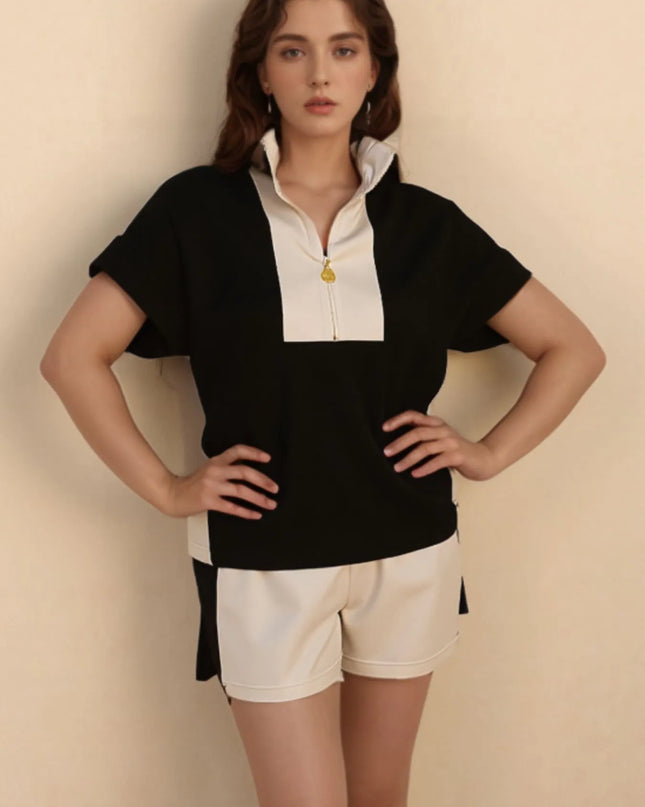 Color Block Half Zip Top and Shorts Two-Piece Set 