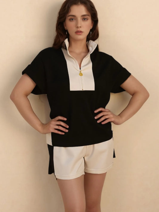 Color Block Half Zip Top and Shorts Two-Piece Set 