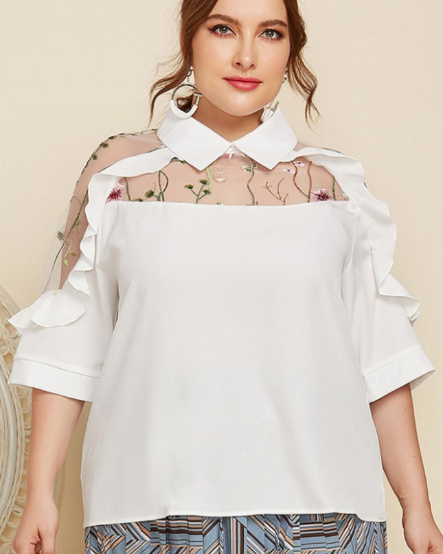 Plus Size Embroidered Ruffle Trim Collared Half Sleeve Blouse White