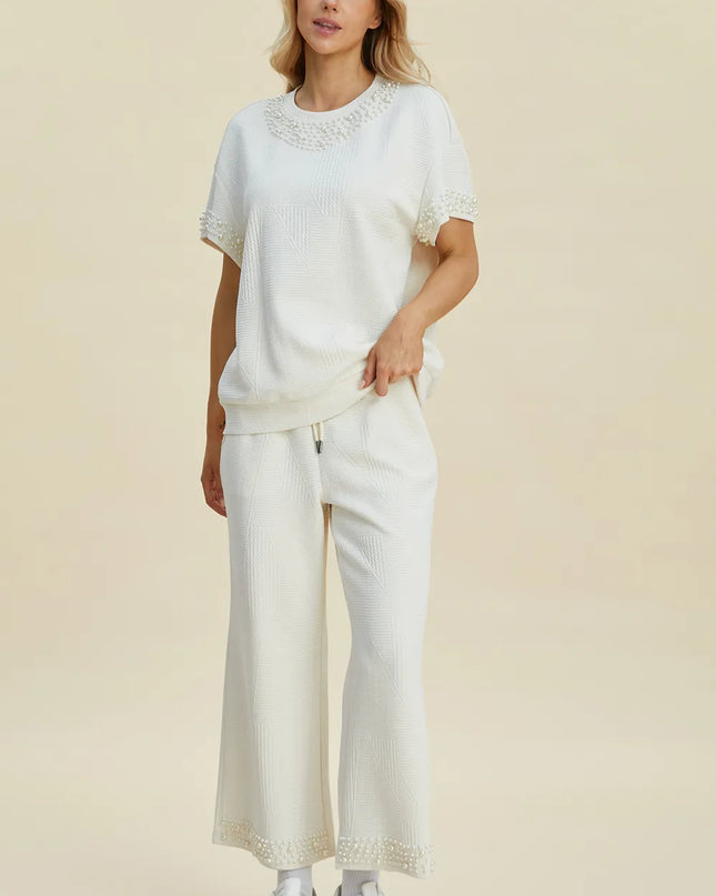 Double Take Full Size Pearl Detail Round Neck Top and Pants Set