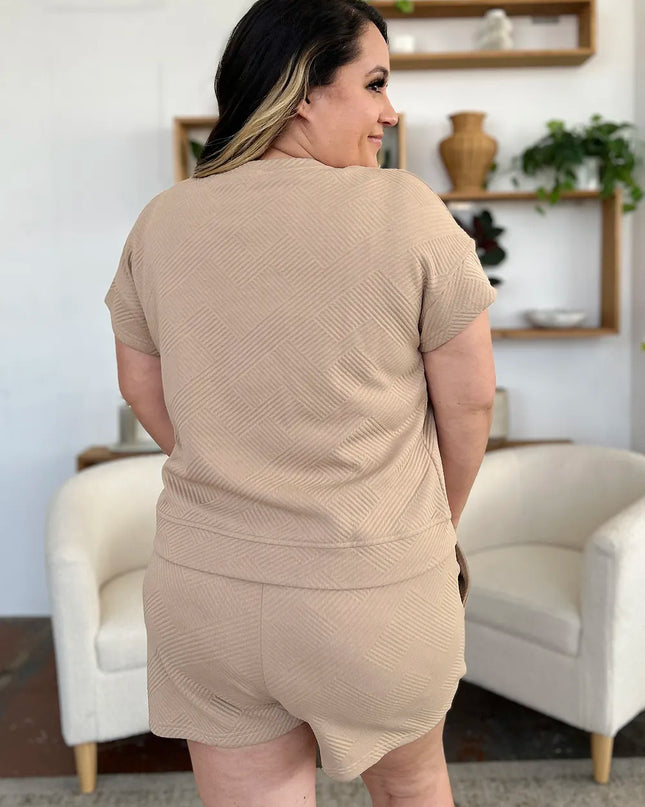 Double Take Full Size Texture Short Sleeve T-Shirt and Drawstring Shorts Set 