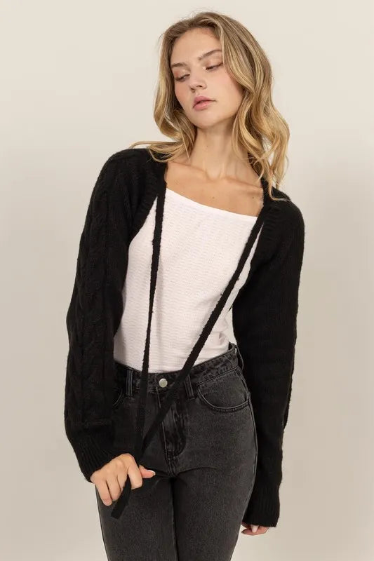 HYFVE Cable-Knit Tie-Front Shrug Black