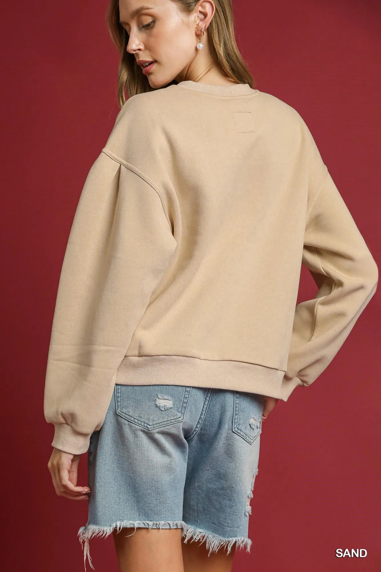 Umgee Round Neck Sweatshirt with Pleated Detail