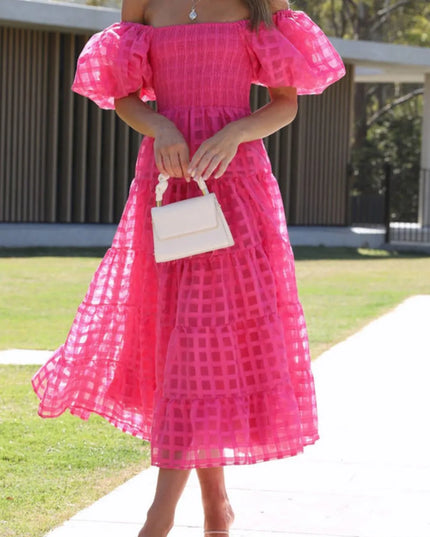 Off Shoulder Short Puff Sleeve Midi Dress Hot Pink