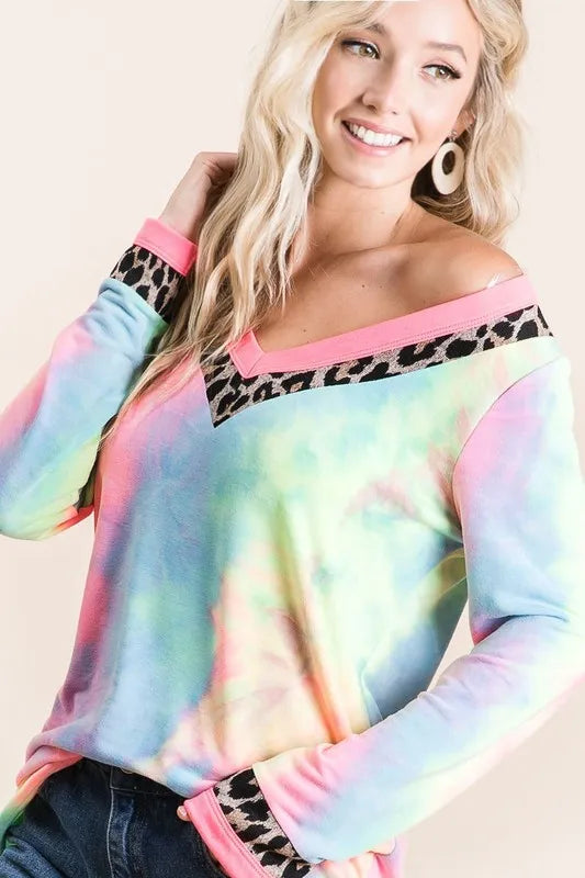 BiBi Tie Dye Terry V-Neck Top