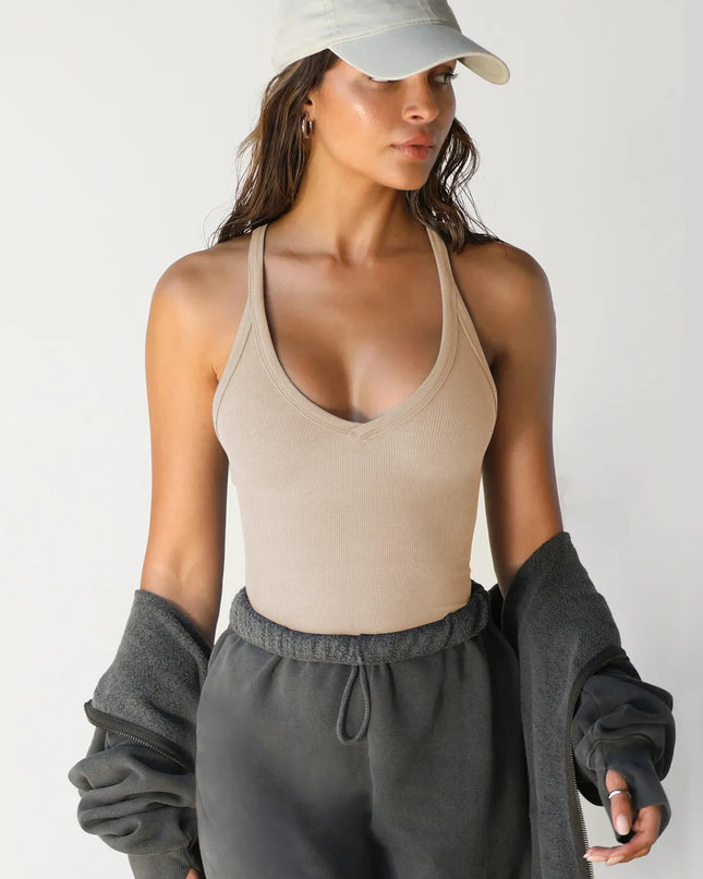 Ribbed V-Neck Halter Tank Top 