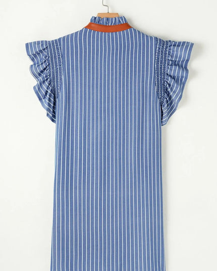 Stripe Frilly Split Neck Shirred Ruffle Sleeve Short Shift Dress
