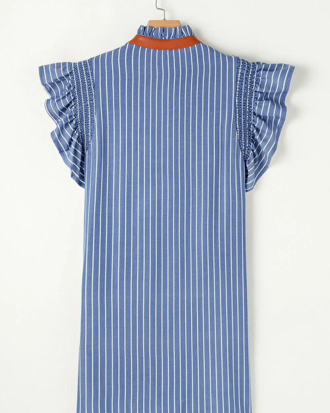 Stripe Frilly Split Neck Shirred Ruffle Sleeve Short Shift Dress