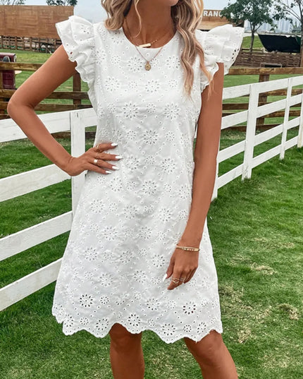 Eyelet Round Neck Ruffled Cap Sleeve Dress
