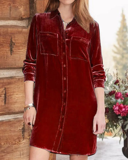 High-Low Button Up Long Sleeve Knee Length Dress Brick Red