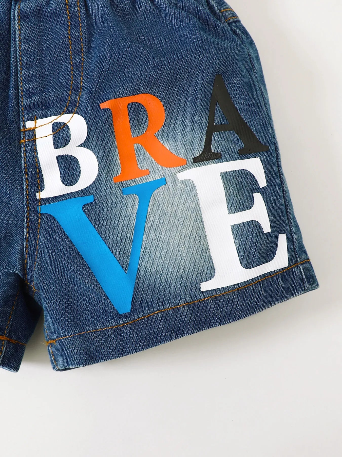 Children's Letter Round Neck Top and Denim Shorts Set