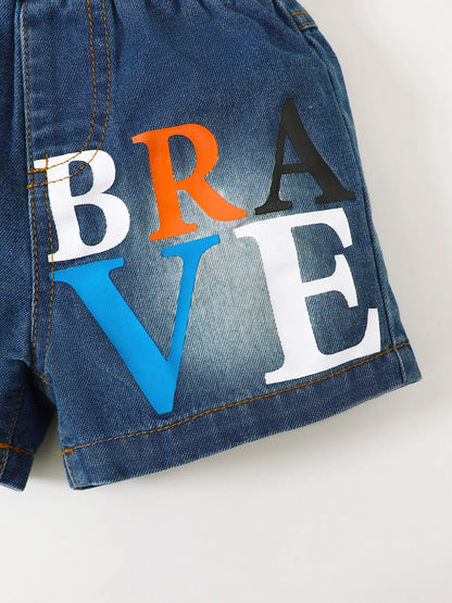 Children's Letter Round Neck Top and Denim Shorts Set