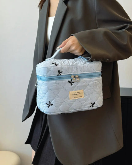 Bow Embroidered Quilted Storage Bag with Zip