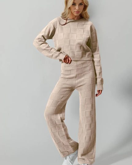 Double Take Full Size Checkered Round Neck Top and Pants Set Tan