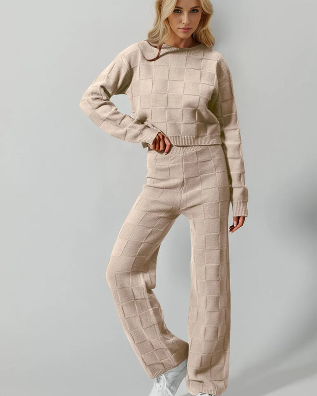 Double Take Full Size Checkered Round Neck Top and Pants Set Tan