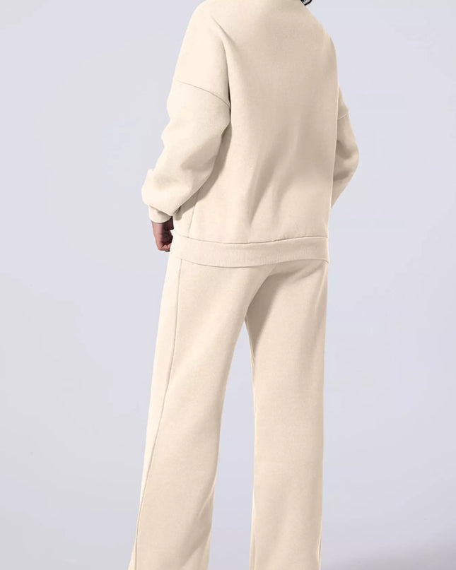 Drop Shoulder Zip Up Jacket and Drawstring Pants Active 2pcs Set