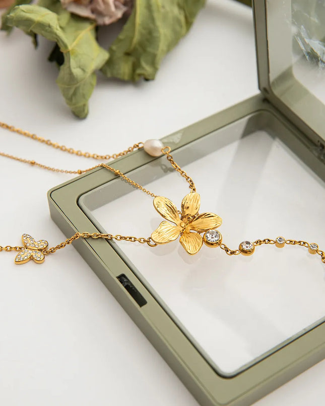 3-Piece 18K Gold-Plated Stainless Steel Flower Necklace
