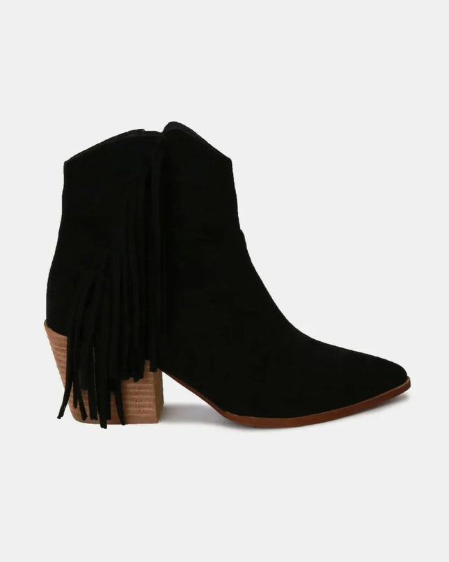 Beast Fashion Suede Fringe Point Toe Ankle Boots Black
