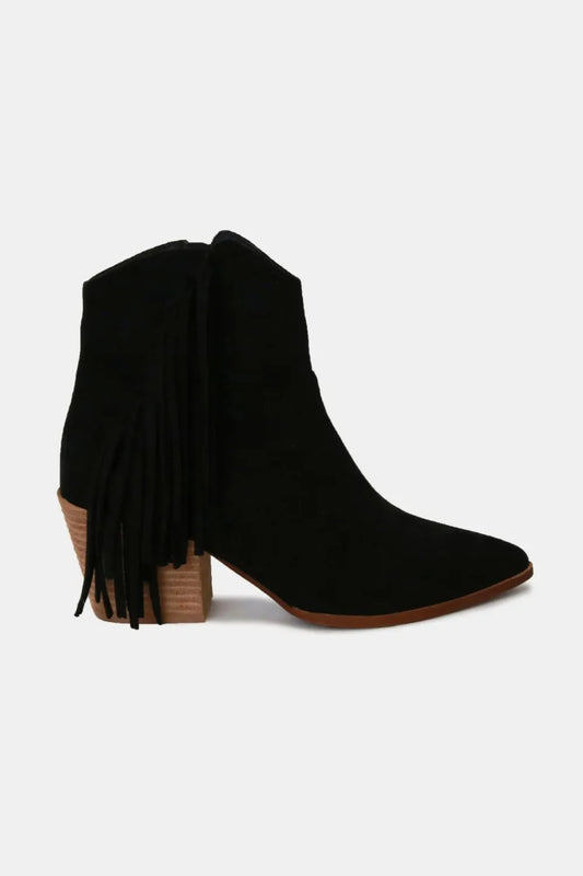 Beast Fashion Suede Fringe Point Toe Ankle Boots Black