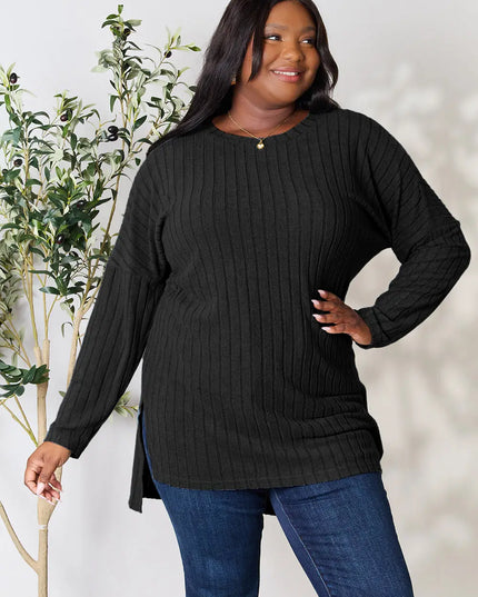 Basic Bae Full Size Ribbed Round Neck Long Sleeve Slit Top Black