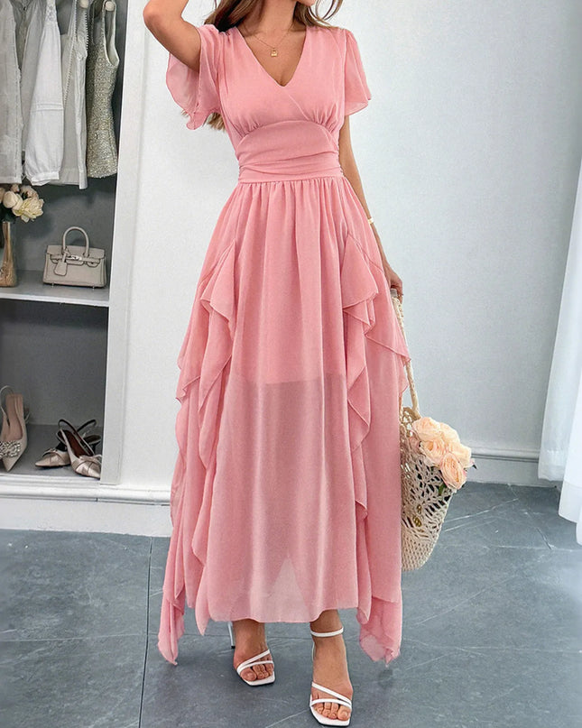 V-Neck Flutter Sleeve Dress