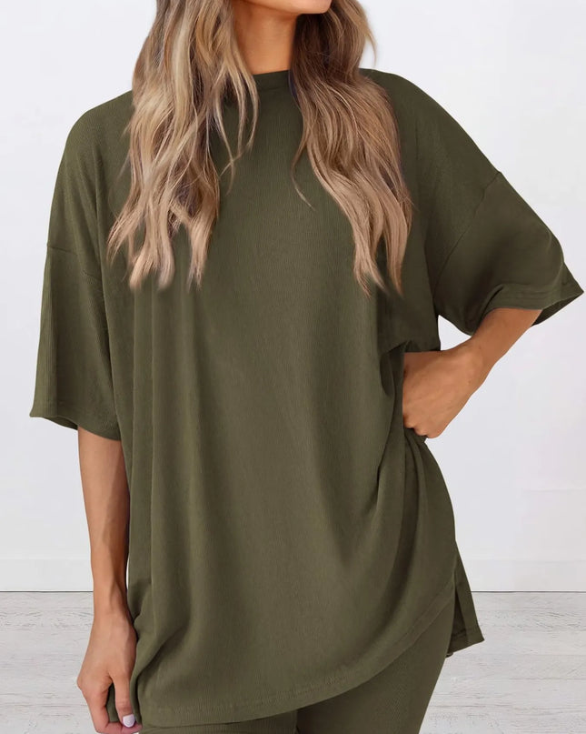 Full Size Oversized Slit Round Neck Top and Shorts Lounge Set Plus Size 