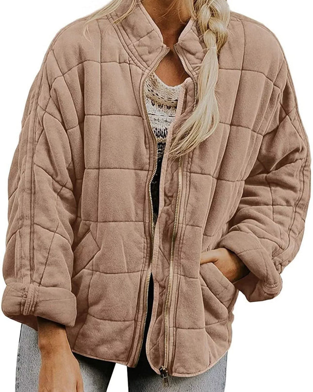 Full Size Zip Up Quilted Bomber Jacket Plus Size Light Blue