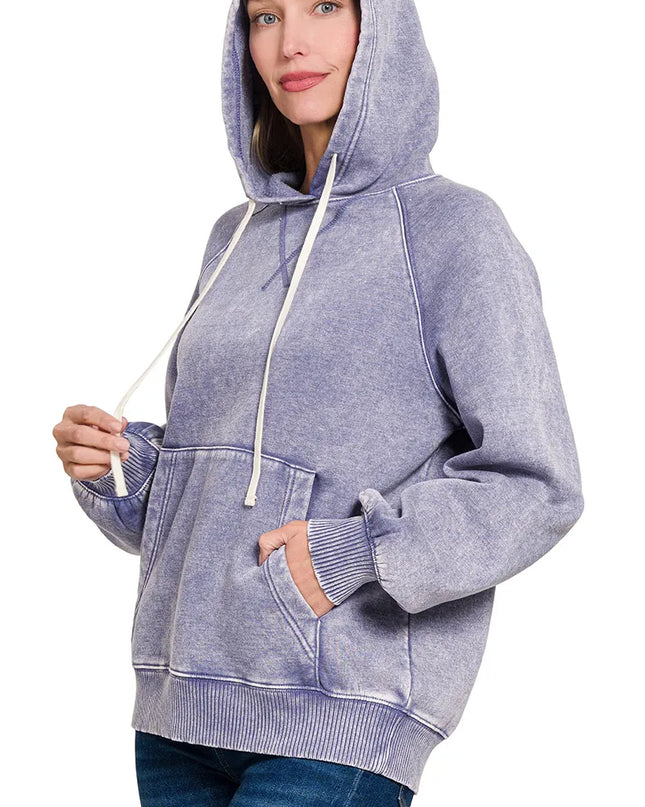 Zenana Acid Wash Fleece Hoodie with Kangaroo Pocket