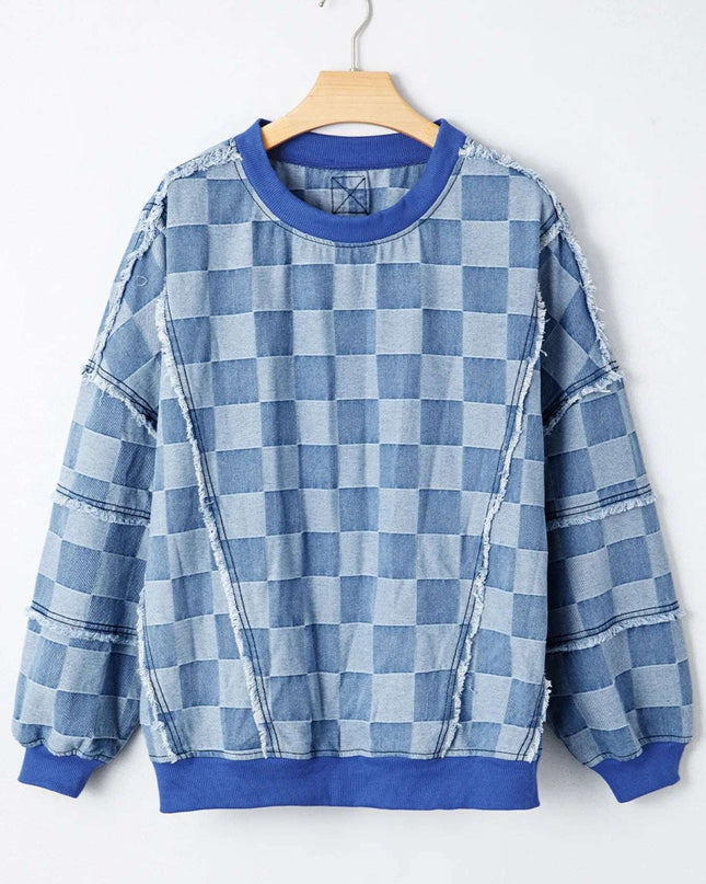 Checkerboard Splicing Raw Detail Oversized Denim Top