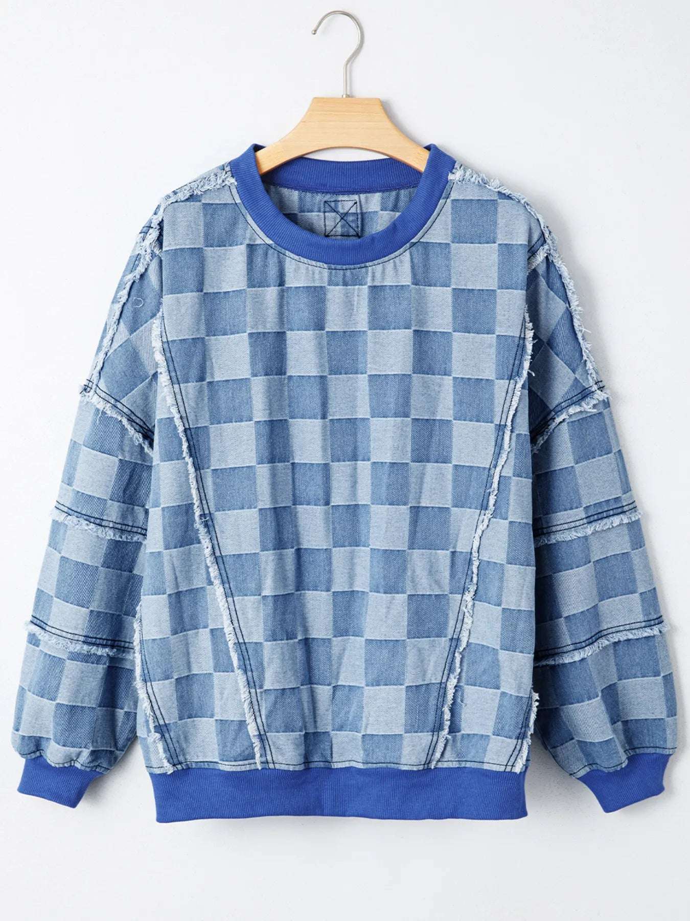 Checkerboard Splicing Raw Detail Oversized Denim Top
