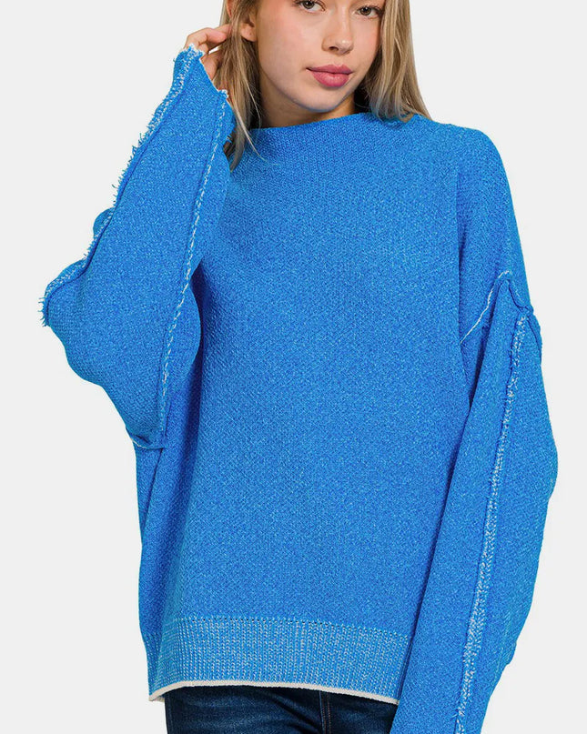 Zenana Exposed Seam Mock Neck Long Sleeve Sweater