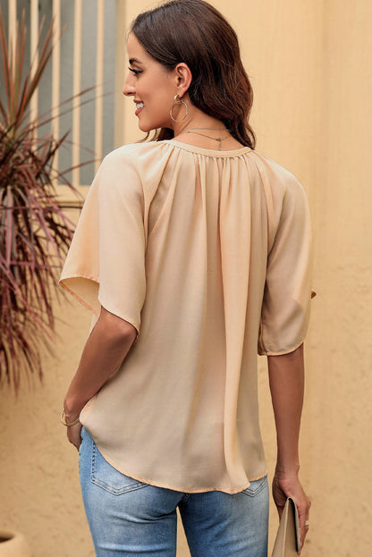 Gathered Detail Notched Neck Flutter Sleeve Top 