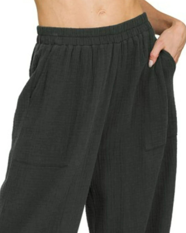 Zenana Double Gauze Elastic Band Pants