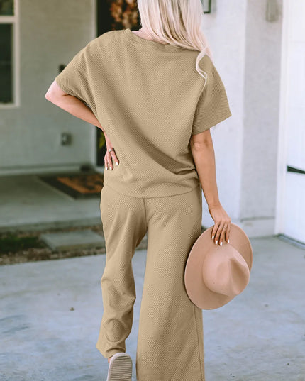 Double Take Full Size Texture Short Sleeve Top and Pants Set