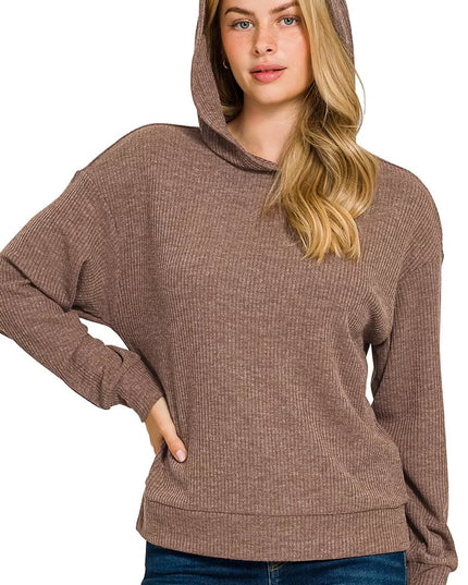 Zenana Ribbed Long Sleeve Hoodie BROWN