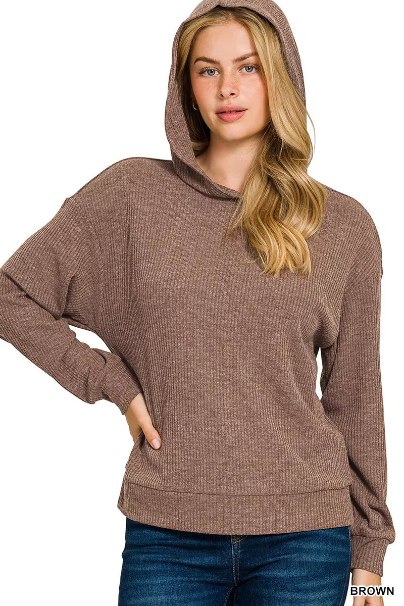 Zenana Ribbed Long Sleeve Hoodie BROWN