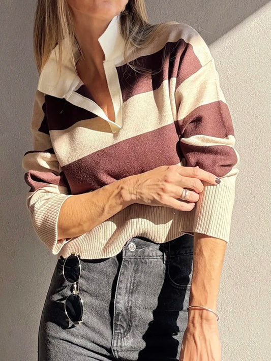 Color Block Long Sleeve Knit Top Brown