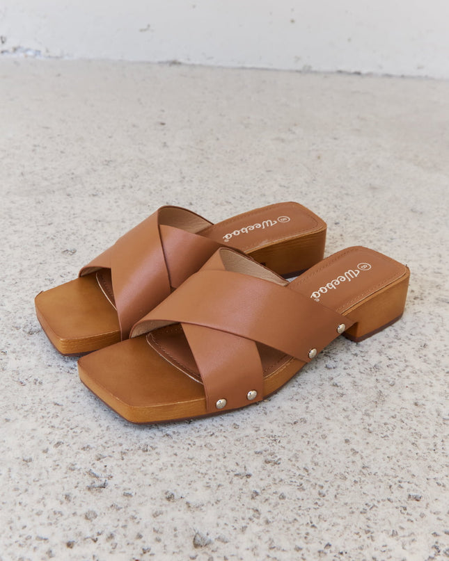 Weeboo Step Into Summer Criss Cross Wooden Clog Mule in Brown