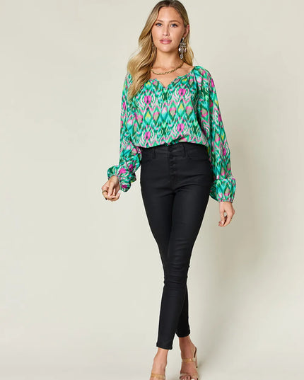 Double Take Full Size Printed Balloon Sleeve Blouse