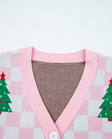 Christmas Tree Pattern Checkered Button V Neck Cardigan