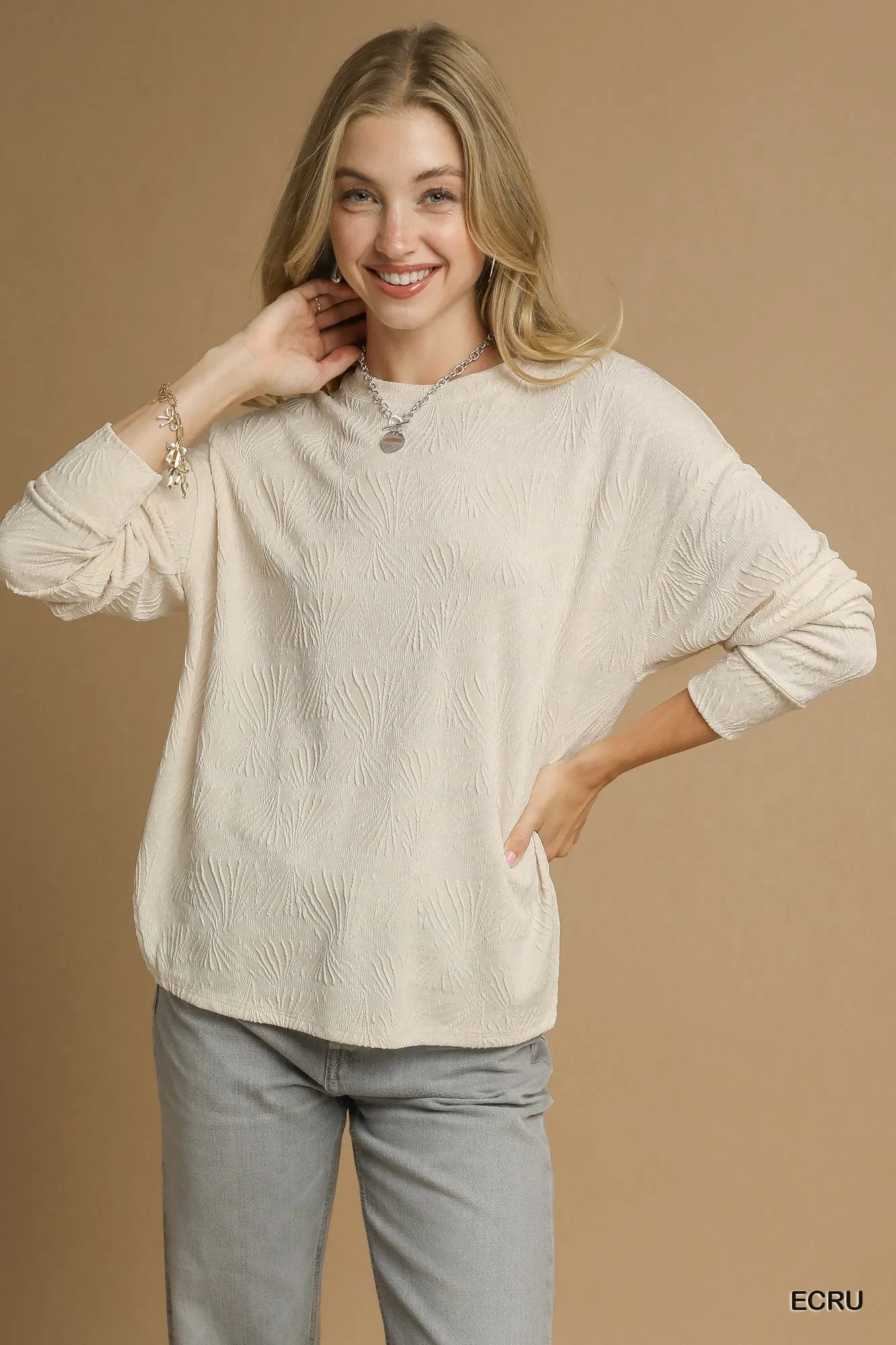 Umgee Textured Knit Long Sleeve Top ECRU