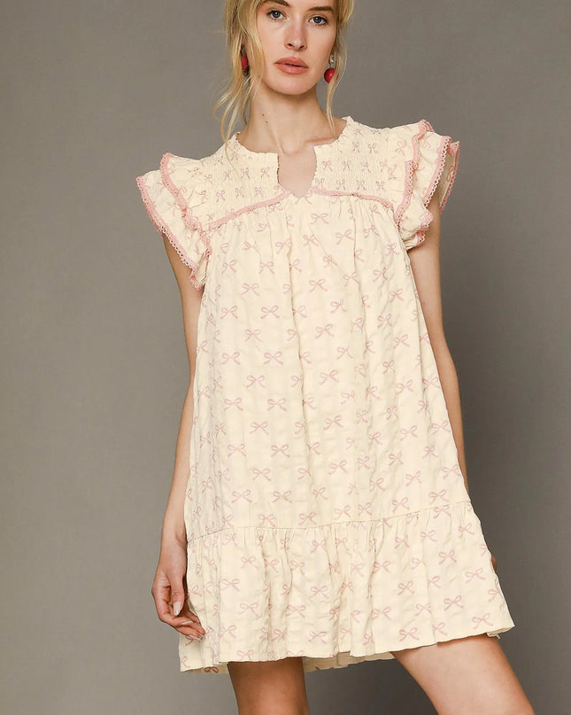 Umgee Bow Print Ruffled Cap Sleeve Mini Dress