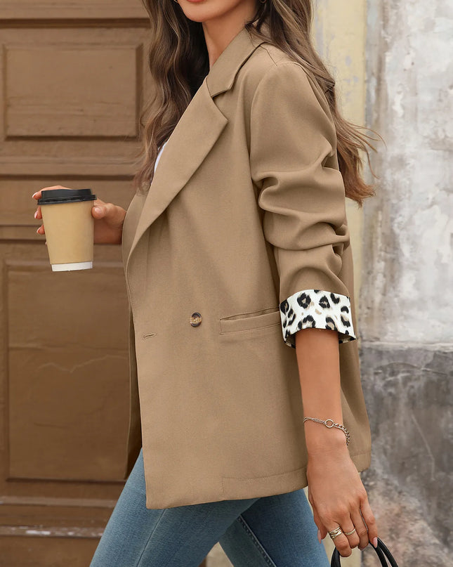 Lapel Collar Leopard Cuff Long Sleeve Blazer