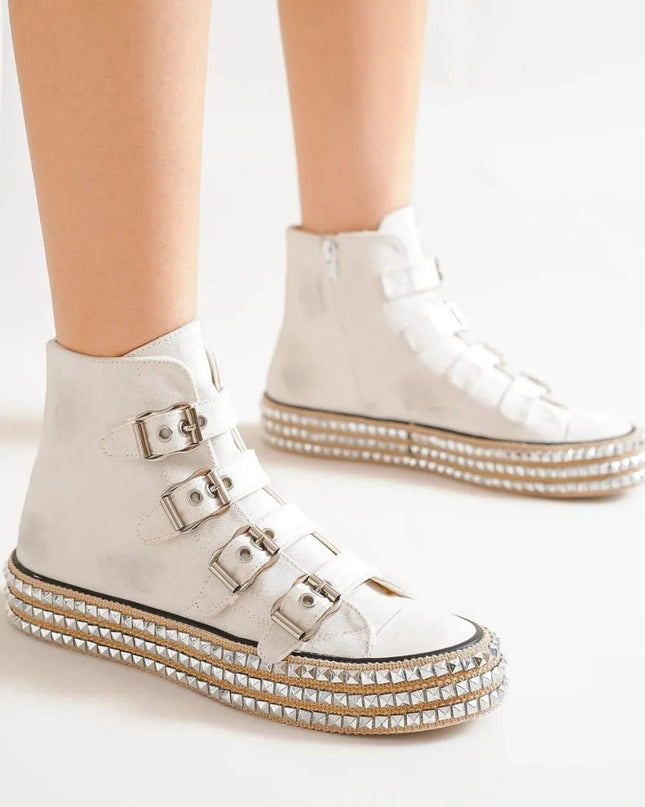 Beast Fashion Multi-Buckle Straps Studded Platform Sneakers White