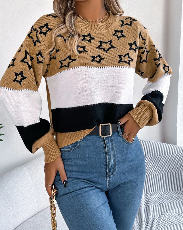 Star Contrast Round Neck Sweater